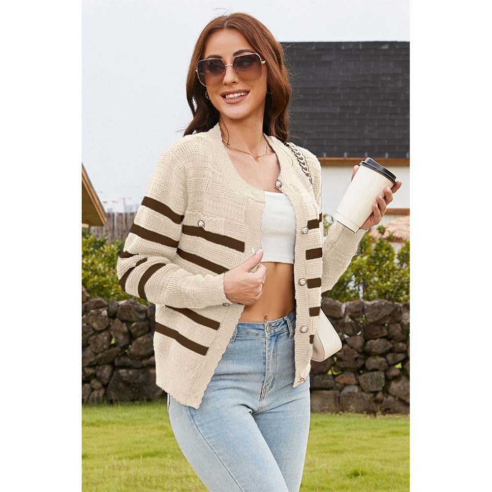 V For City Women's Striped Crochet Knit Long Sleeve Round Neck Open Front Cardigan Sweaters