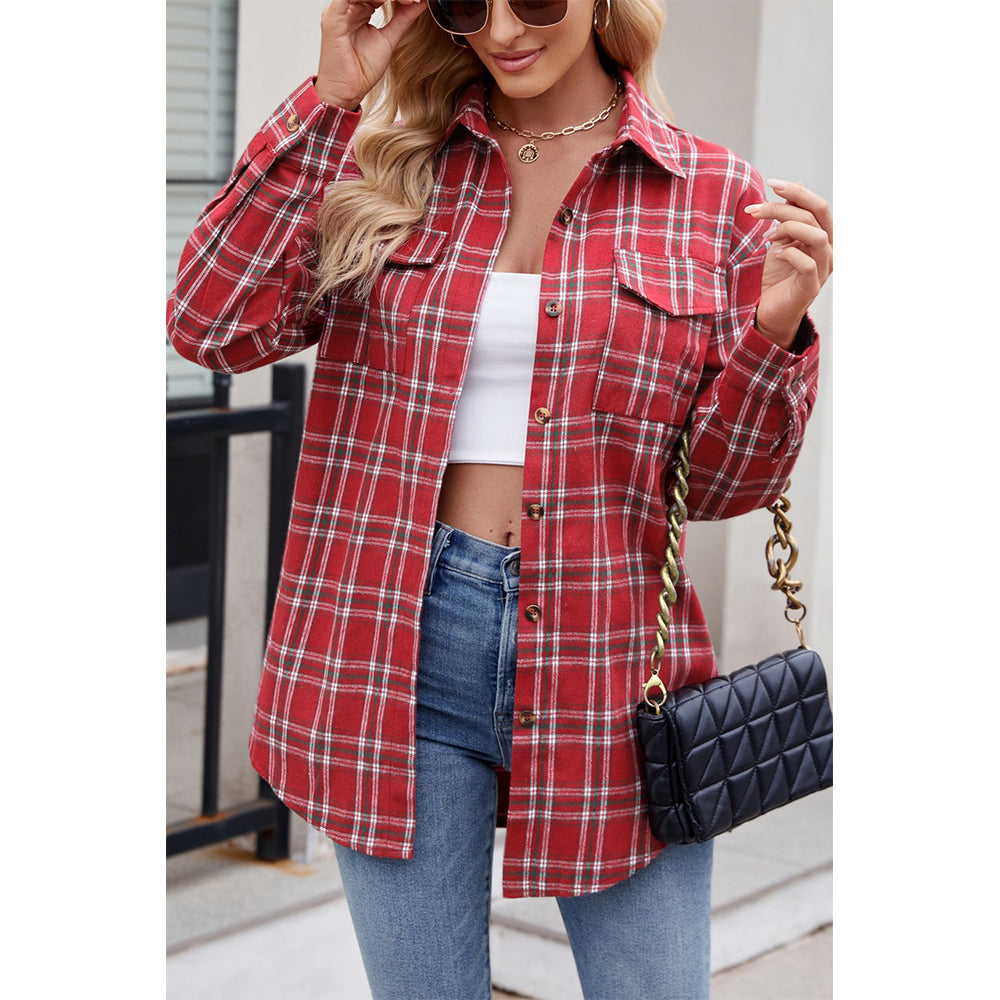 V For City Women's Casual Oversized Button Front Long Sleeve Plaid Shirts with Chest Pockets