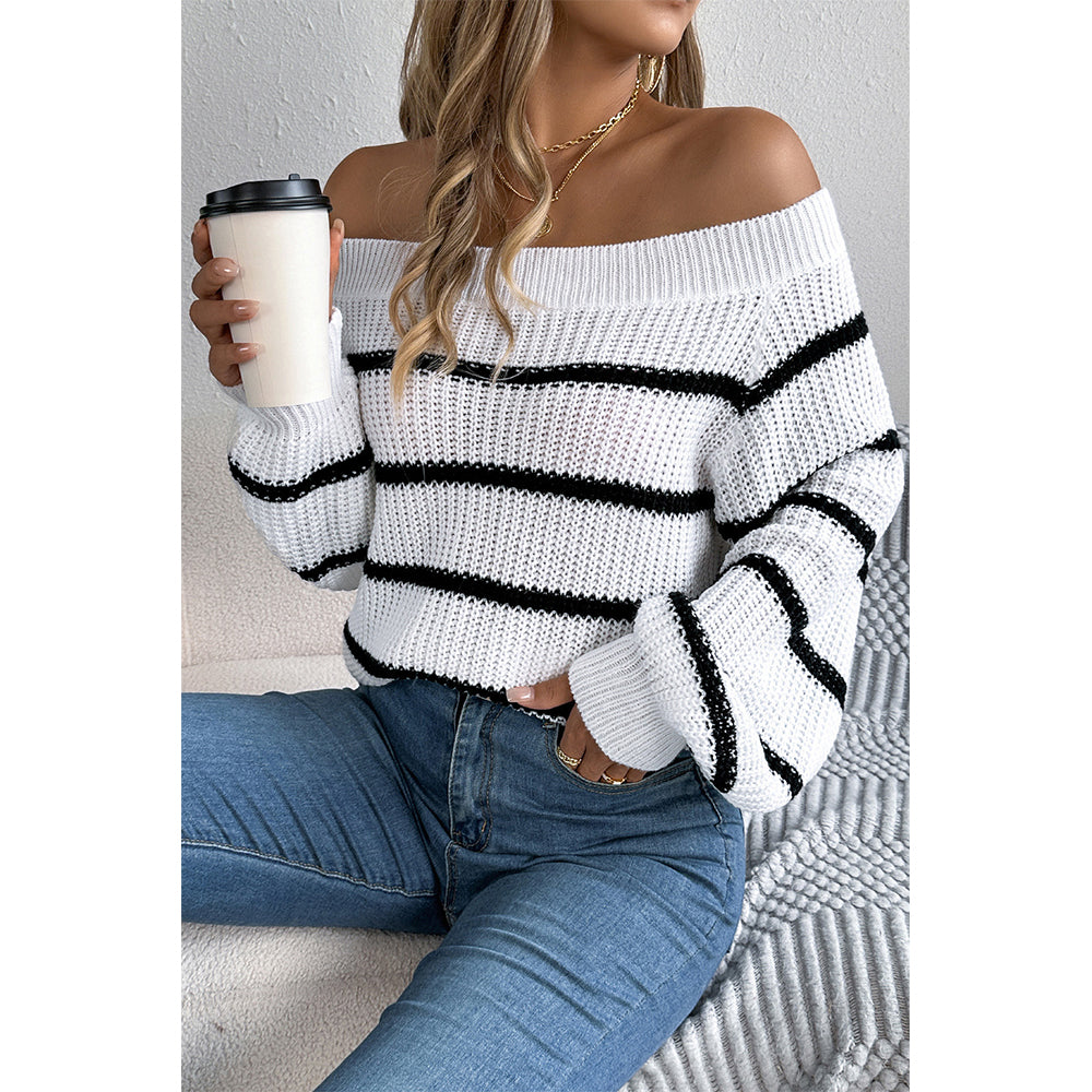 V For City Women's 2025 Autumn Winter Casual Striped Off-Shoulder Lantern Sleeve Pullover Sweater