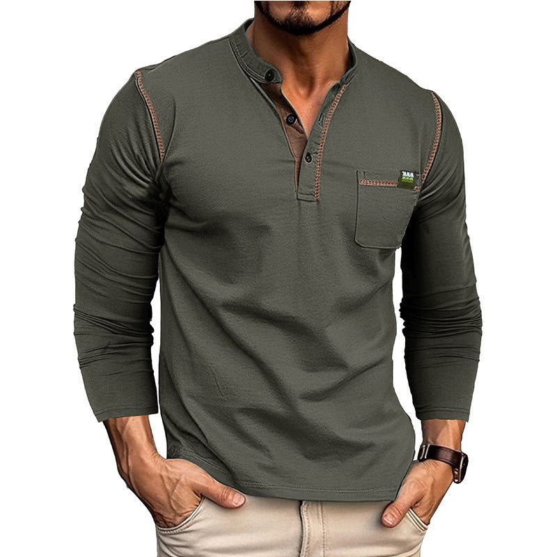 Attraco Men's Long Sleeve Henley Shirt Color Block Casual Pocketed T-Shirt Tops