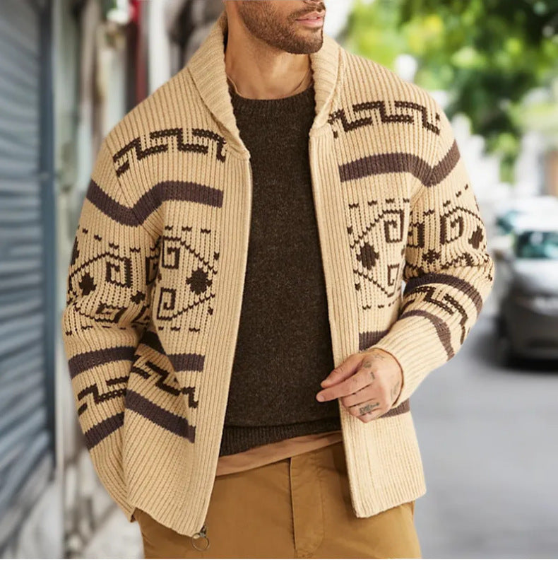 Attraco Men's Fall/Winter Fashion Jacquard Knit Long-Sleeve Zip-Up Lapel Cardigan Sweater