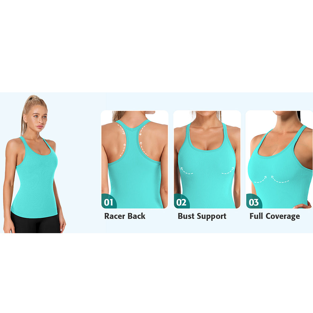 Attraco Women's Ribbed Workout Tank Tops with Built in Bra Tight Racerback Scoop Neck Athletic Top Sport Tops
