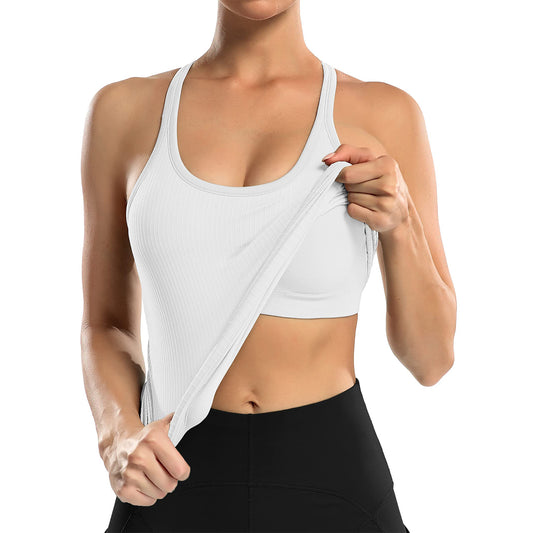 Attraco Women's Ribbed Workout Tank Tops with Built in Bra Tight Racerback Scoop Neck Athletic Top