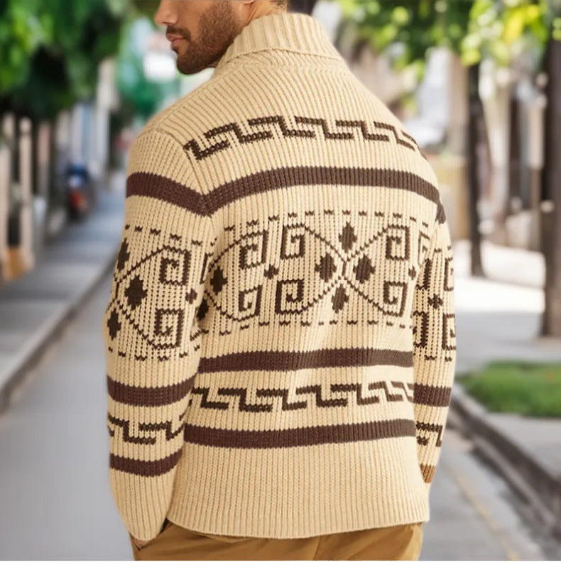 Attraco Men's Fall/Winter Fashion Jacquard Knit Long-Sleeve Zip-Up Lapel Cardigan Sweater