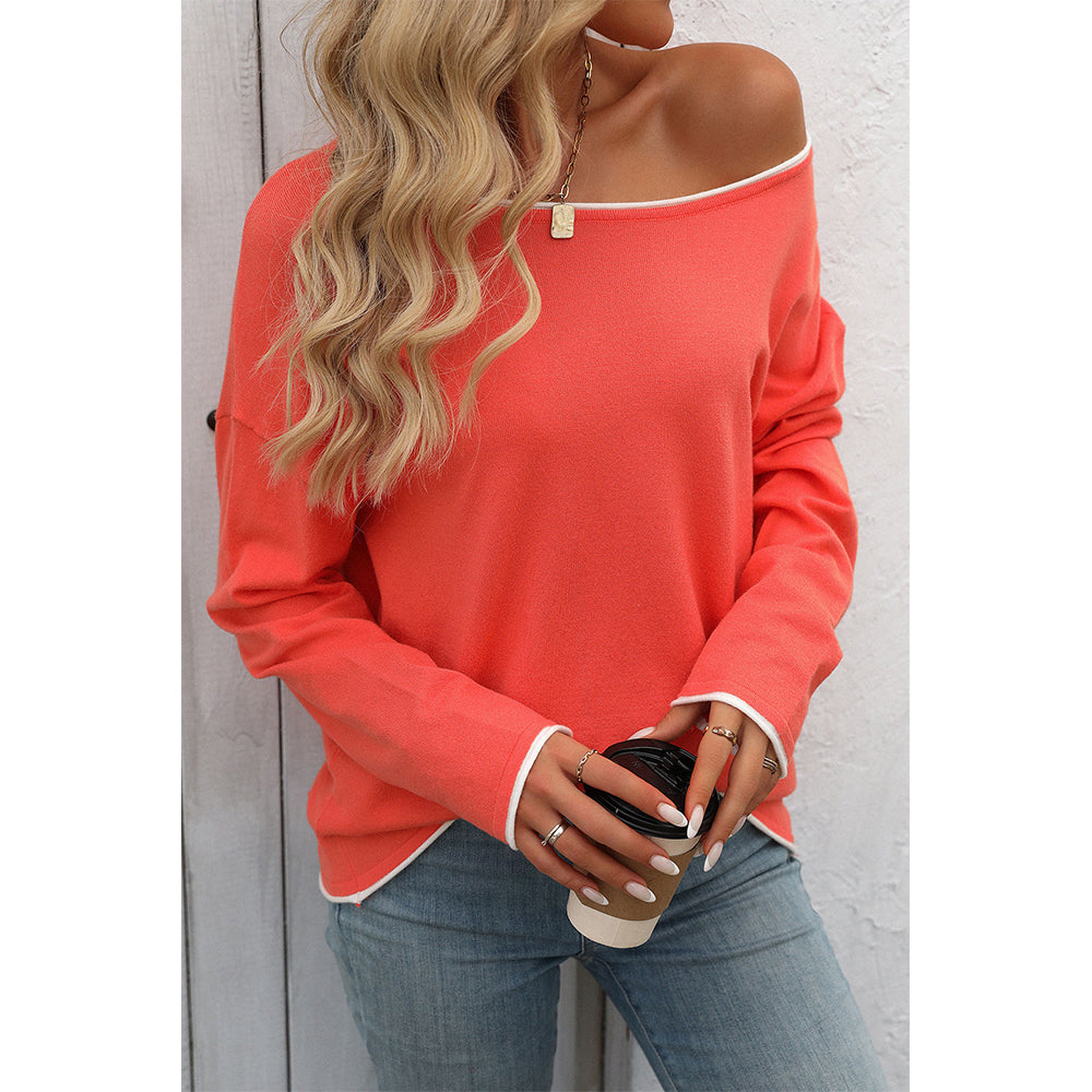 V For City Women's Contrast Trim Long Sleeve Crewneck Sweater Pollover Tops