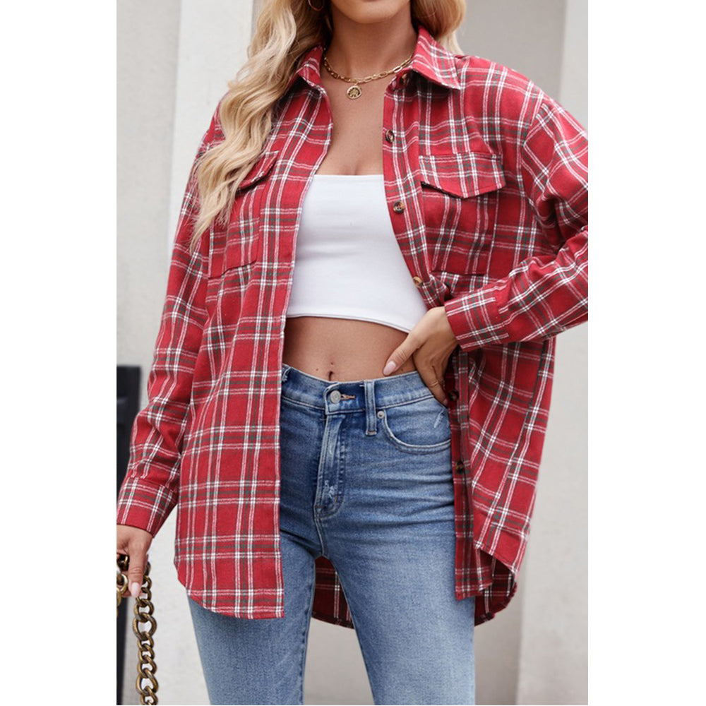 V For City Women's Casual Oversized Button Front Long Sleeve Plaid Shirts with Chest Pockets