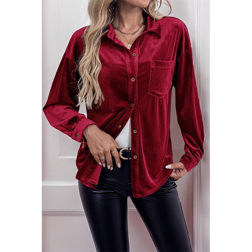 V For City Women's Velvet Collared Lantern Sleeve Button Down Shirts