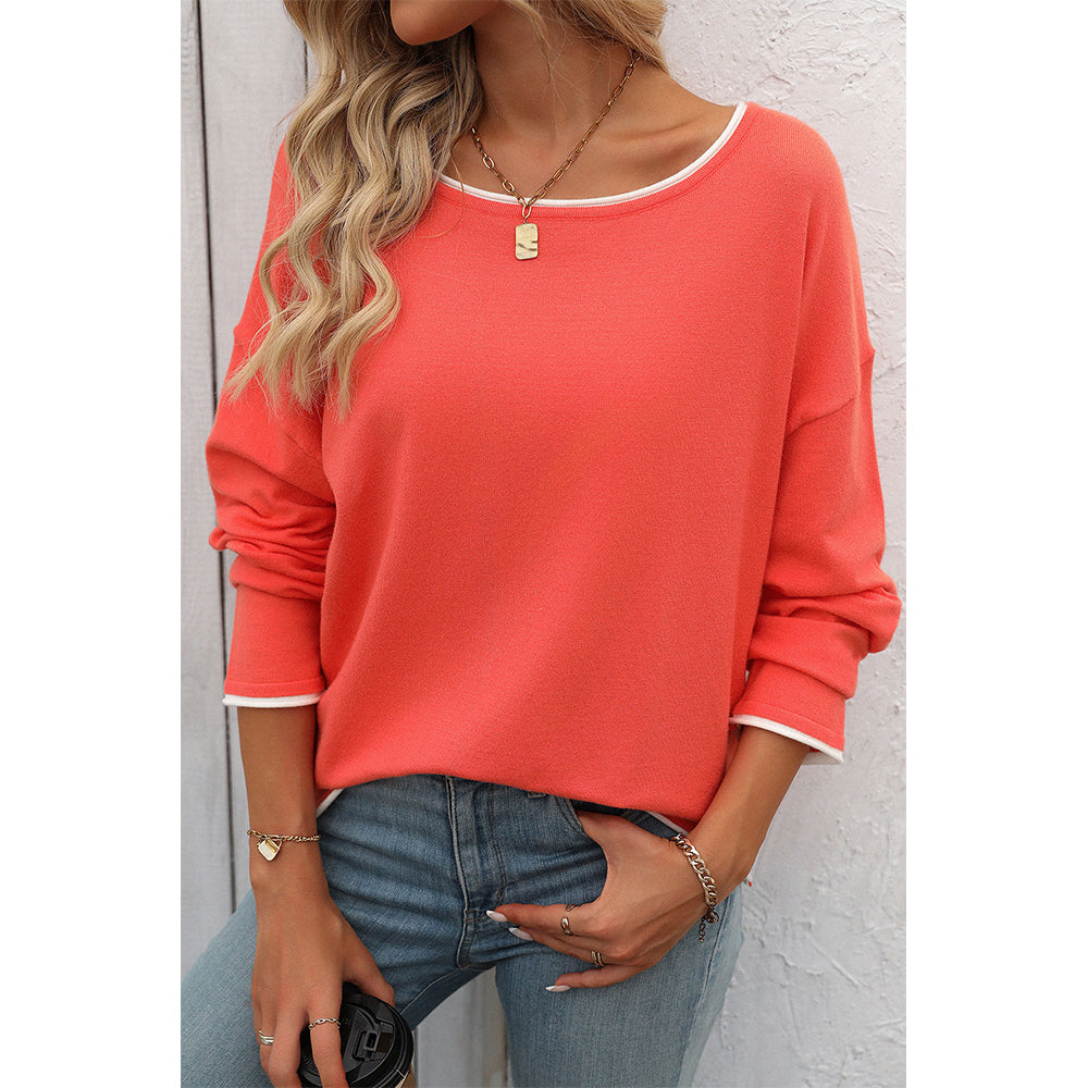 V For City Women's Contrast Trim Long Sleeve Crewneck Sweater Pollover Tops