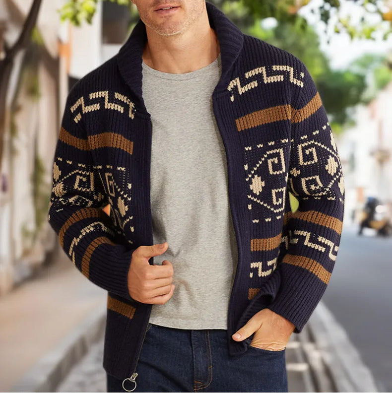 Attraco Men's Fall/Winter Fashion Jacquard Knit Long-Sleeve Zip-Up Lapel Cardigan Sweater