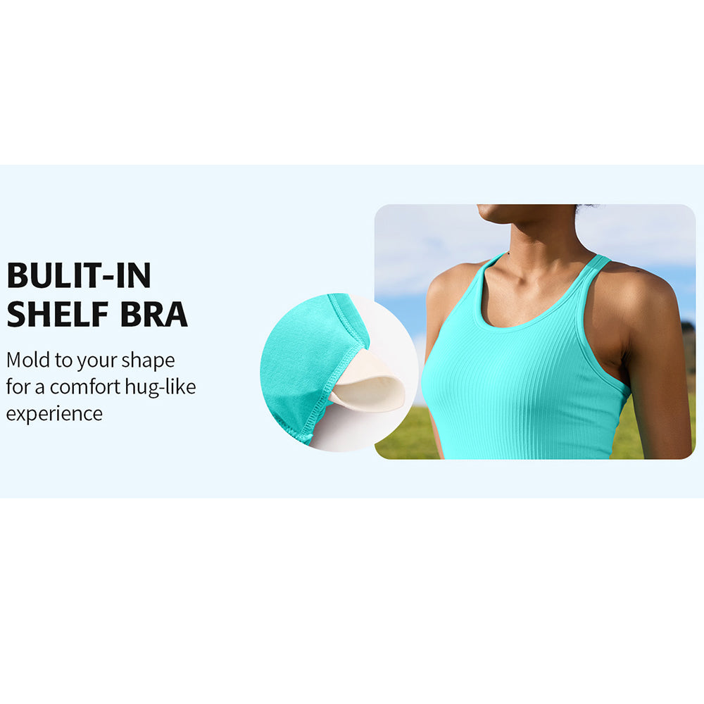 Attraco Women's Ribbed Workout Tank Tops with Built in Bra Tight Racerback Scoop Neck Athletic Top Sport Tops
