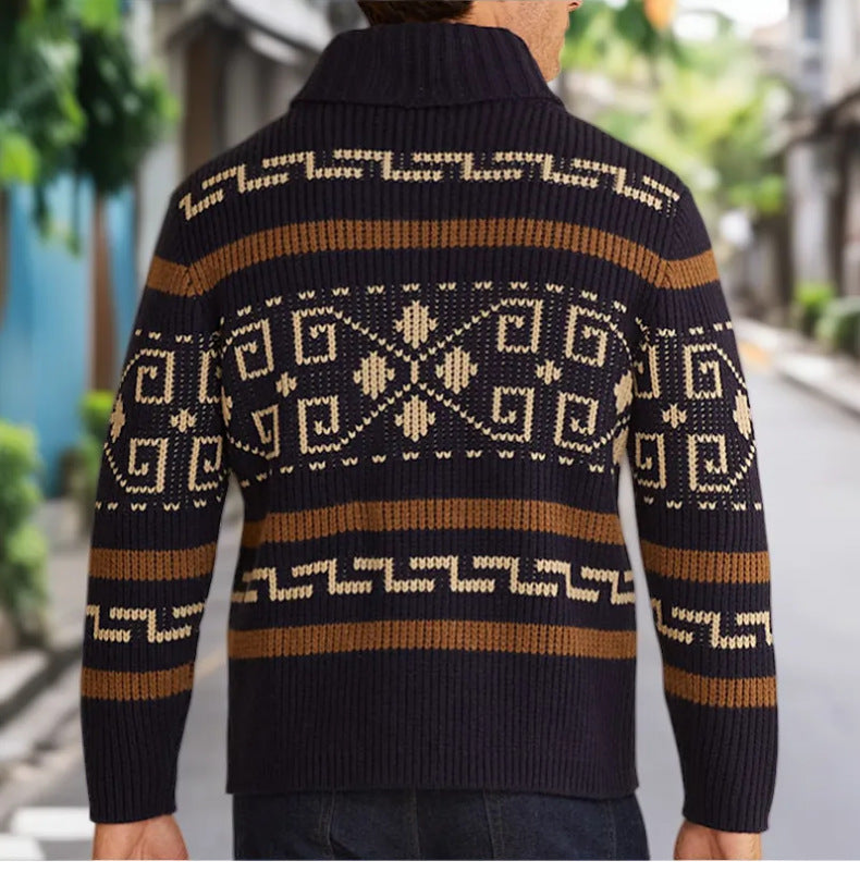 Attraco Men's Fall/Winter Fashion Jacquard Knit Long-Sleeve Zip-Up Lapel Cardigan Sweater