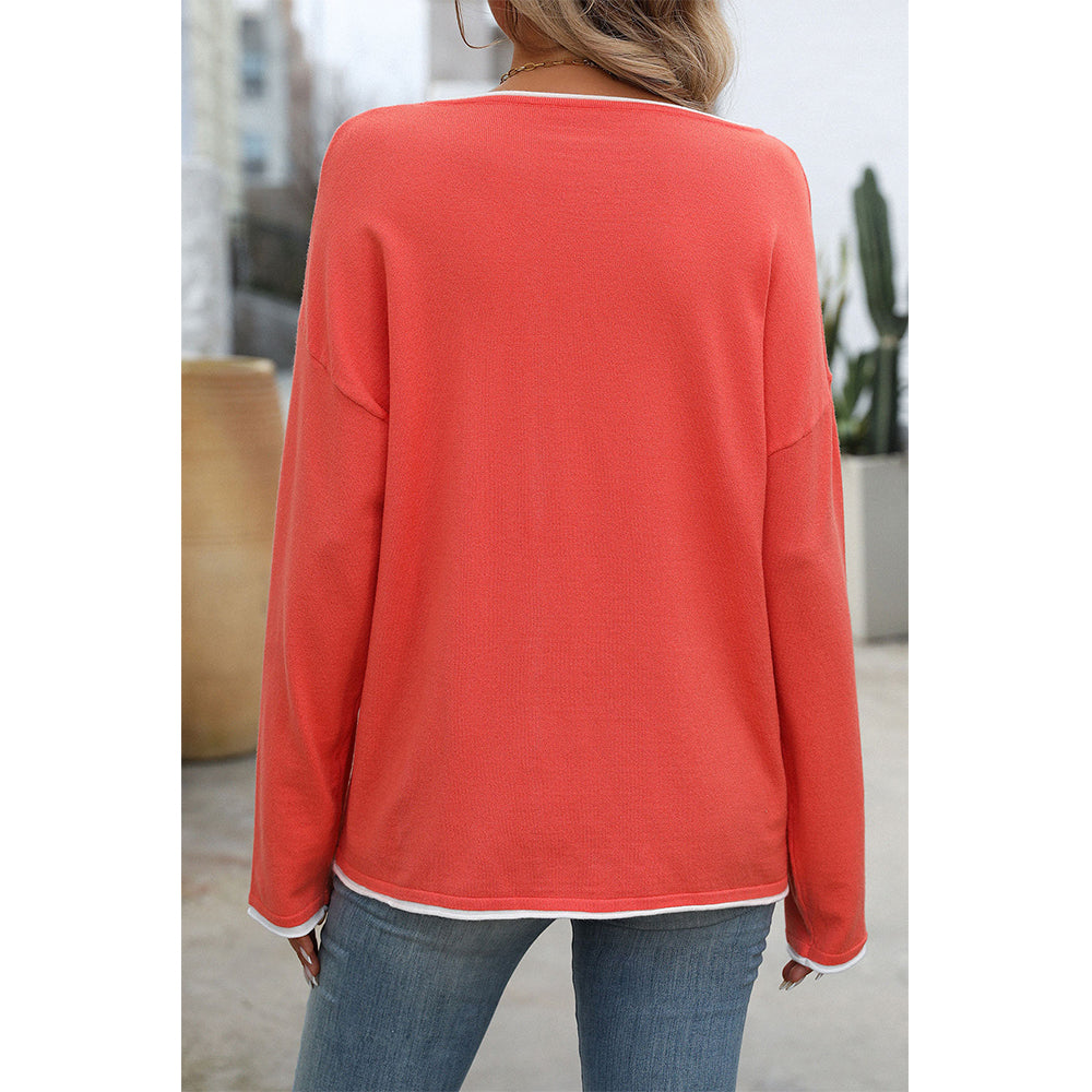 V For City Women's Contrast Trim Long Sleeve Crewneck Sweater Pollover Tops