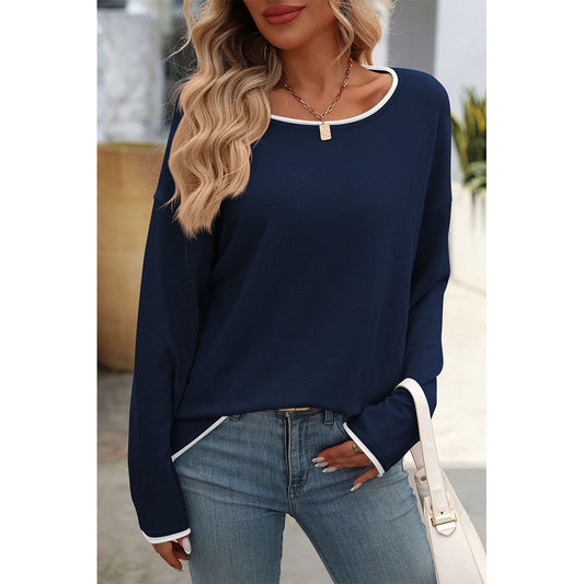V For City Women's Contrast Trim Long Sleeve Crewneck Sweater Pollover Tops
