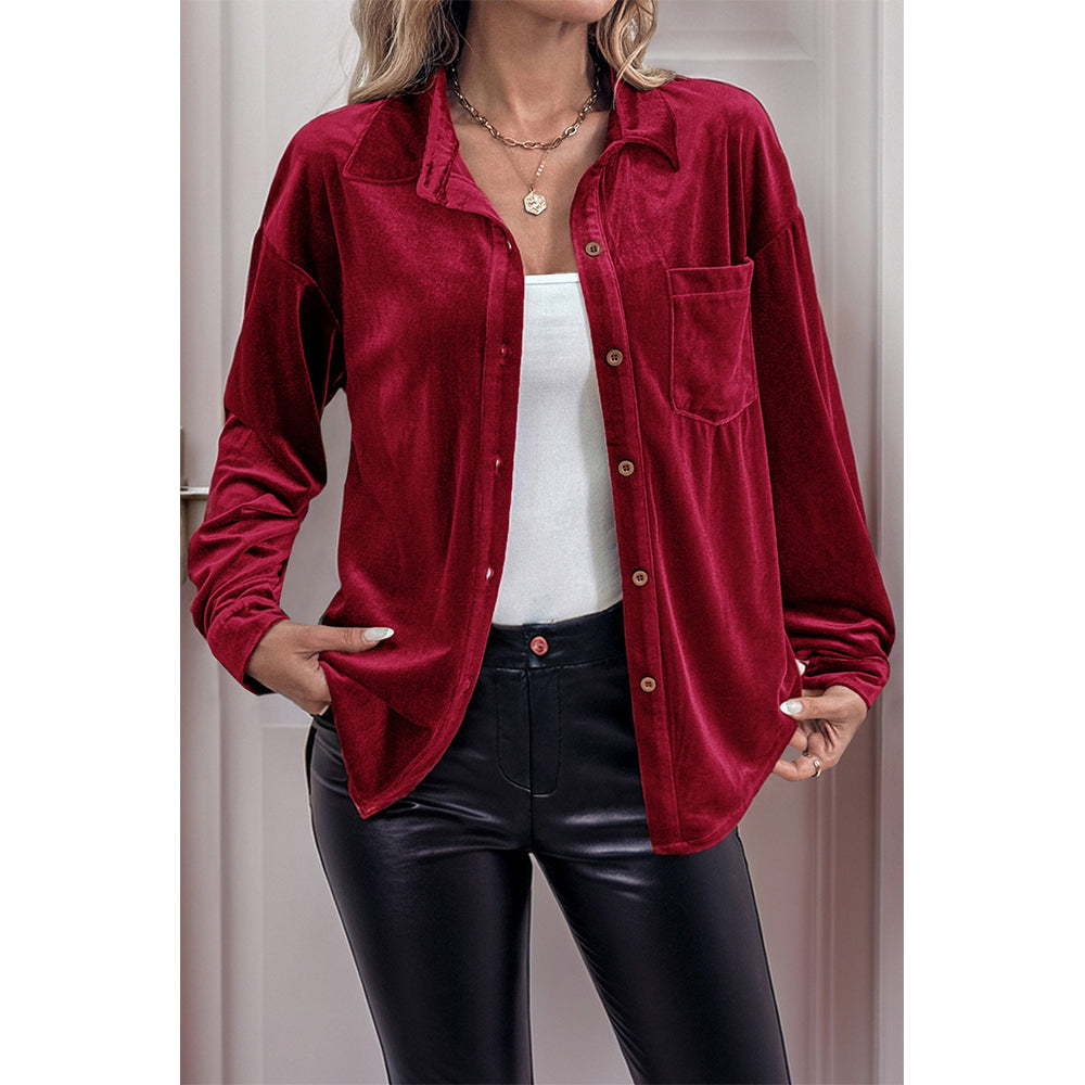 V For City Women's Velvet Collared Lantern Sleeve Button Down Shirts