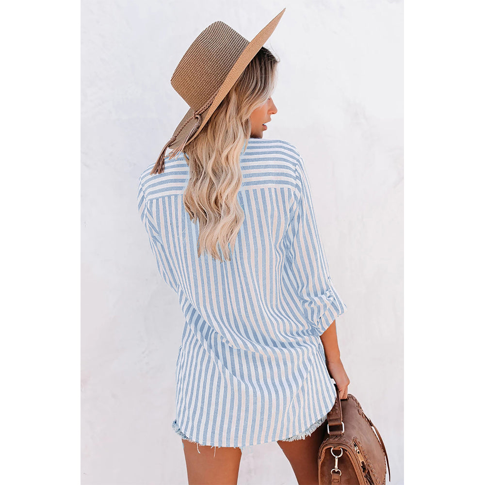 V For City Women's Striped Button-Down Long Sleeve Shirt with Dual Chest Pockets