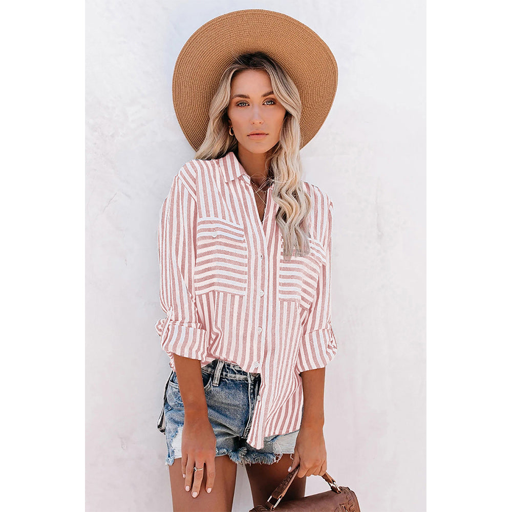 V For City Women's Striped Button-Down Long Sleeve Shirt with Dual Chest Pockets