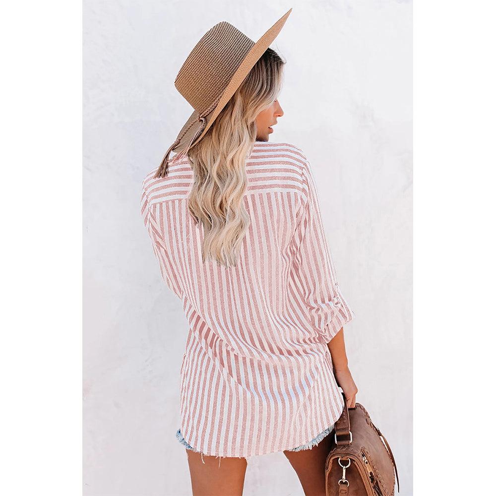 V For City Women's Striped Button-Down Long Sleeve Shirt with Dual Chest Pockets