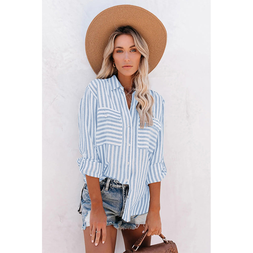V For City Women's Striped Button-Down Long Sleeve Shirt with Dual Chest Pockets