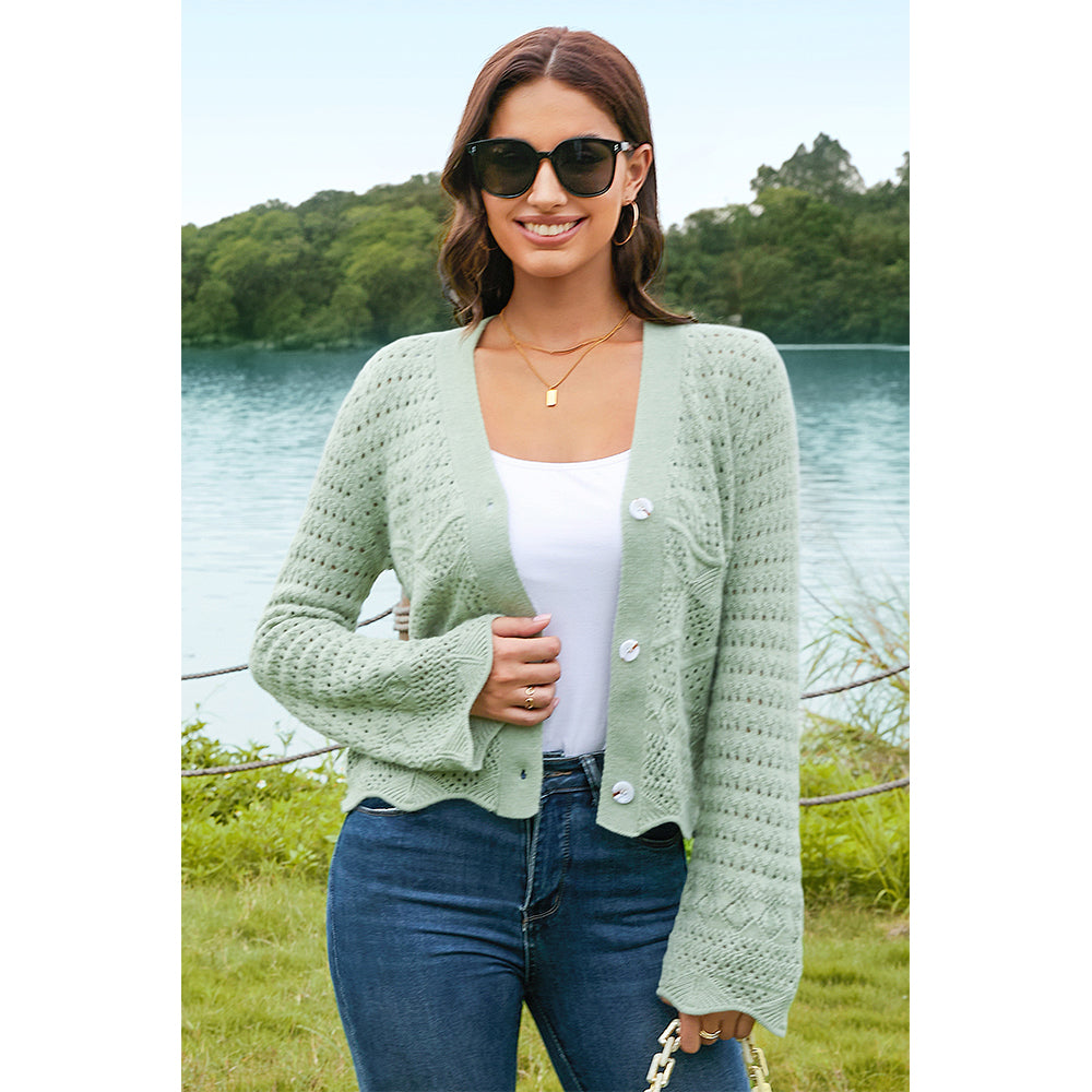 V For City Women's Crochet Knit Bell Sleeve V Neck Open Front Cropped Cardigan Sweaters