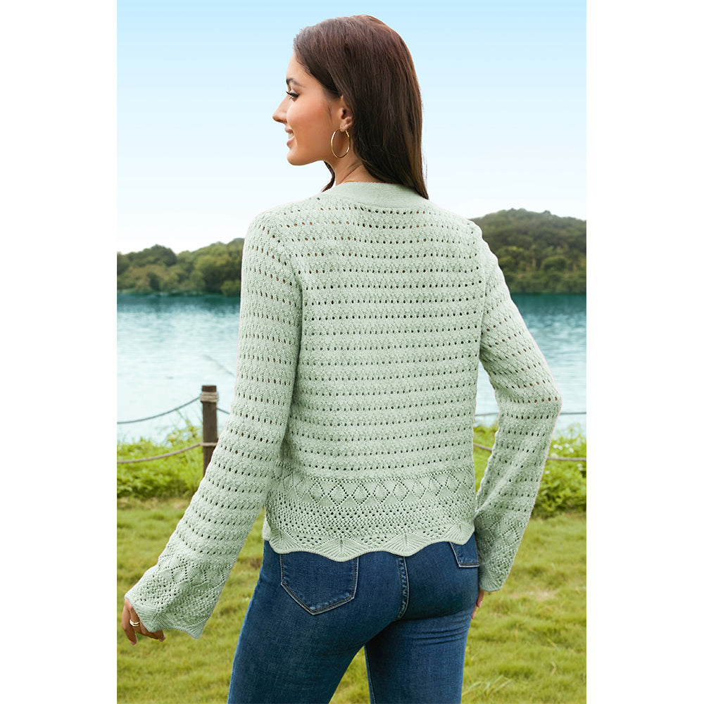 V For City Women's Crochet Knit Bell Sleeve V Neck Open Front Cropped Cardigan Sweaters