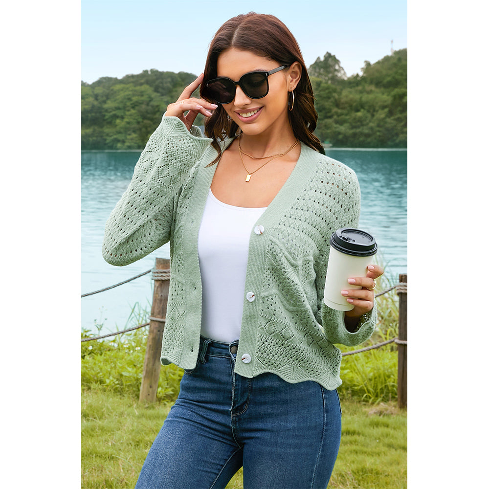 V For City Women's Crochet Knit Bell Sleeve V Neck Open Front Cropped Cardigan Sweaters