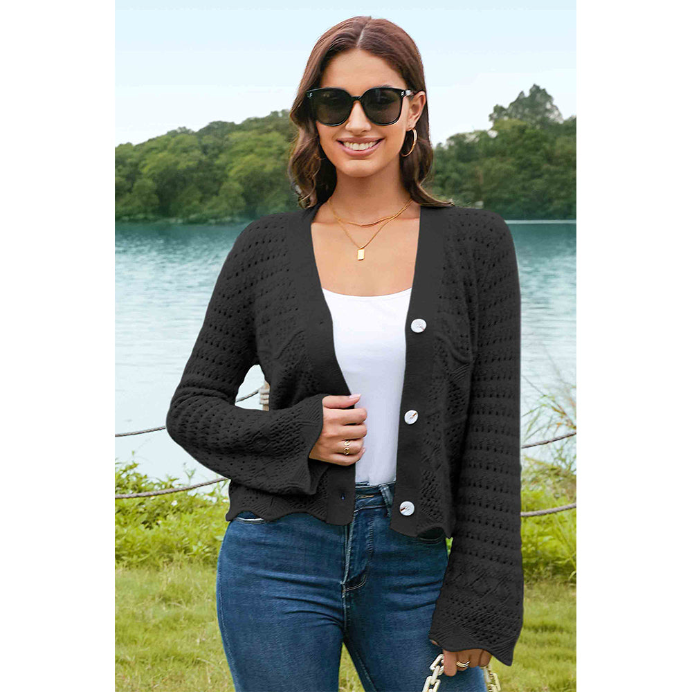 V For City Women's Crochet Knit Bell Sleeve V Neck Open Front Cropped Cardigan Sweaters