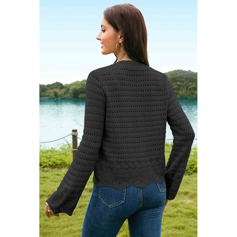 V For City Women's Crochet Knit Bell Sleeve V Neck Open Front Cropped Cardigan Sweaters