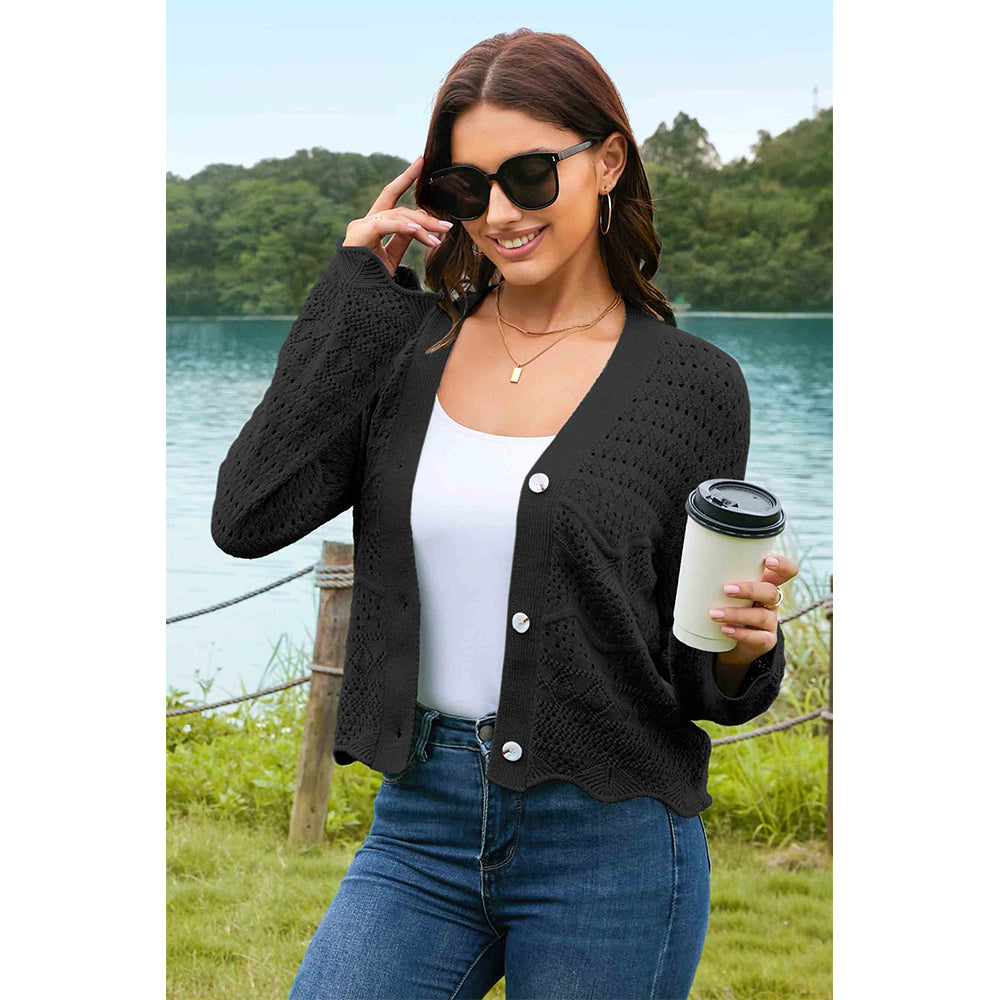 V For City Women's Crochet Knit Bell Sleeve V Neck Open Front Cropped Cardigan Sweaters