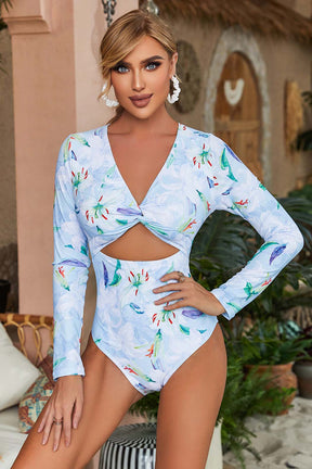 Floral Print Twist Front One Piece Swimsuit-5420