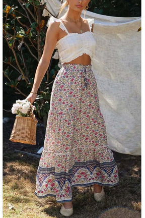 Woman High Waist Beach Ruffle Floral Maxi Skirts-AL9836