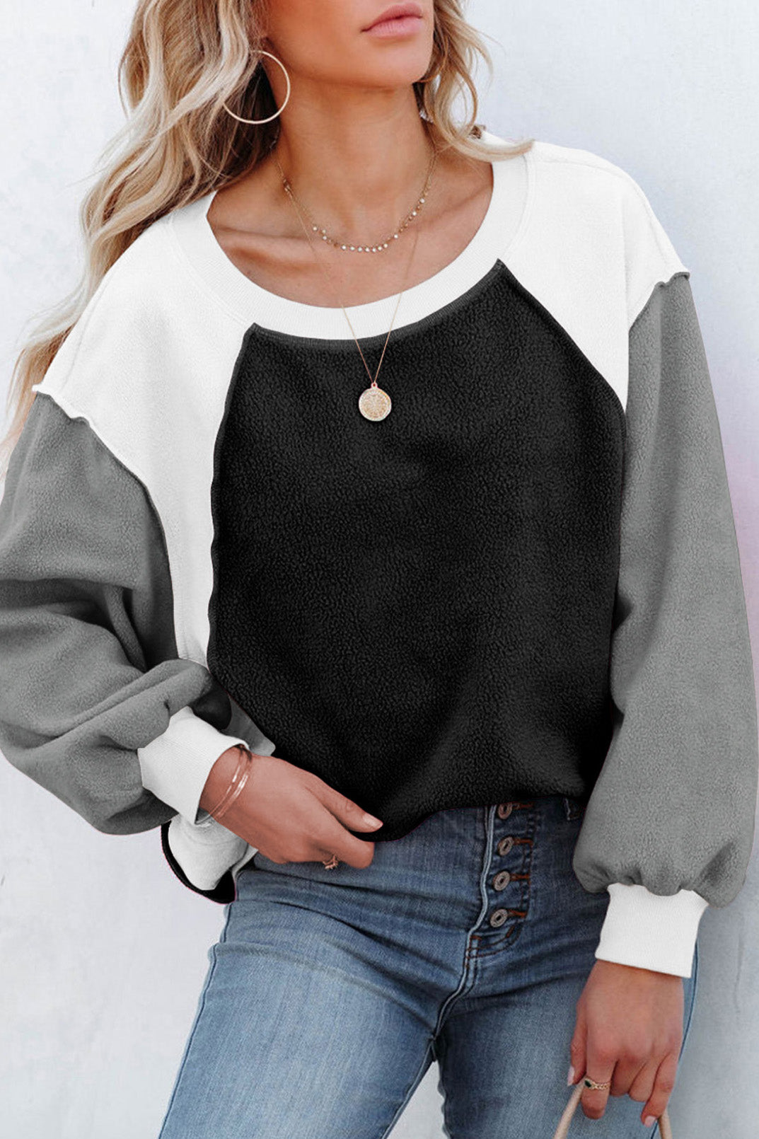 Colorblock Long Sleeve Pullover Fleece Sweatshirt-AL9575