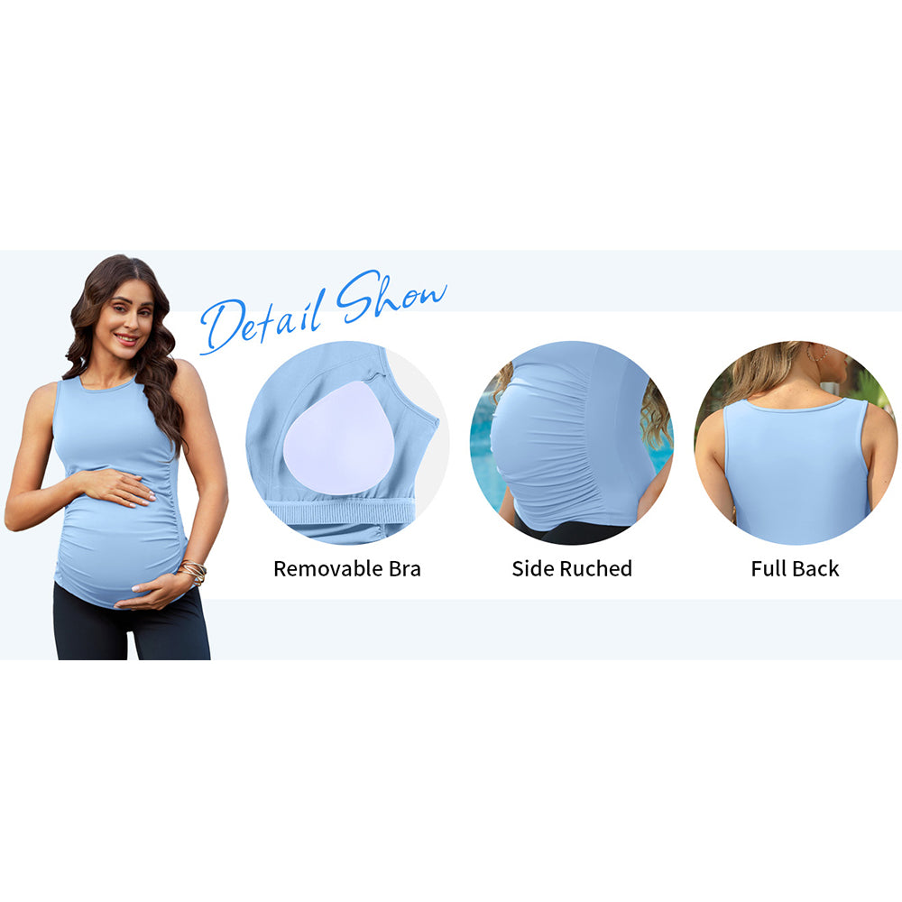 Attraco Women's Wide Strap Pregnancy Tank with Built in Bra Side Ruched Sleeveless Maternity Tank Tops  Sport Tops
