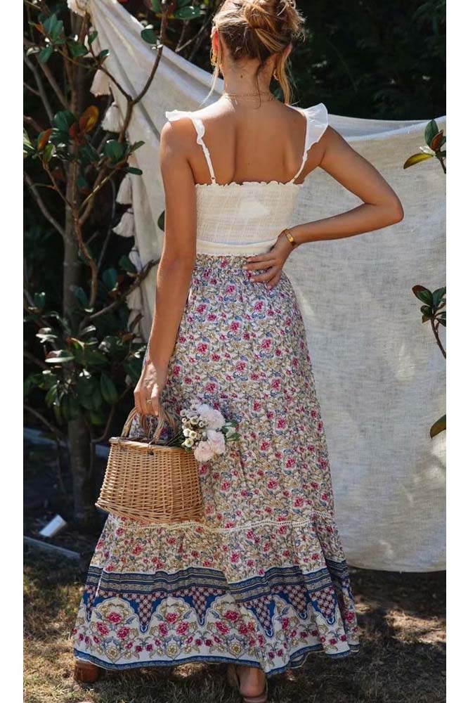 Woman High Waist Beach Ruffle Floral Maxi Skirts-AL9836