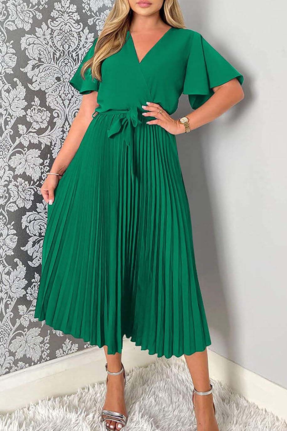 V-Neck Solid Belted Pleated Skirt A Midi Dress-AL9380