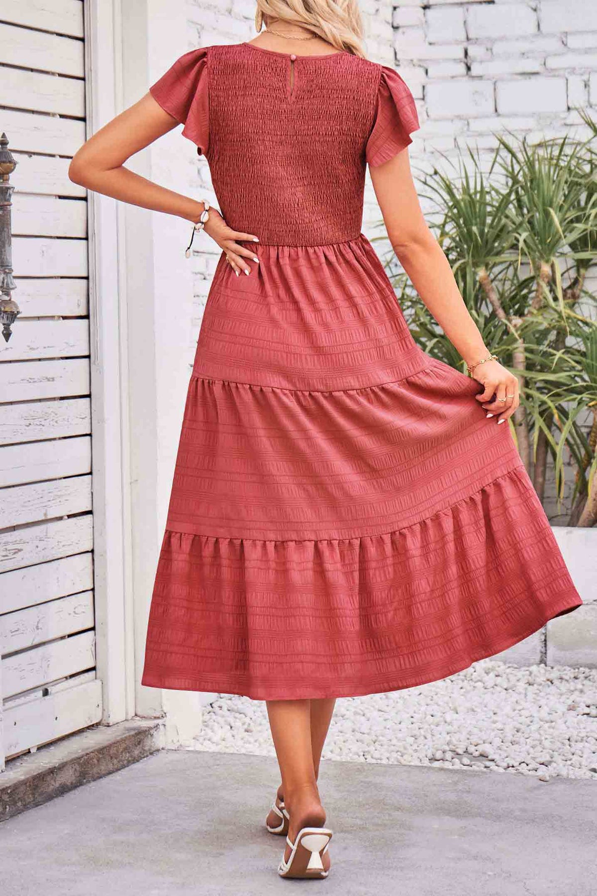 Flutter Short Sleeve Crew Neck Tiered Midi Dress-AL9395