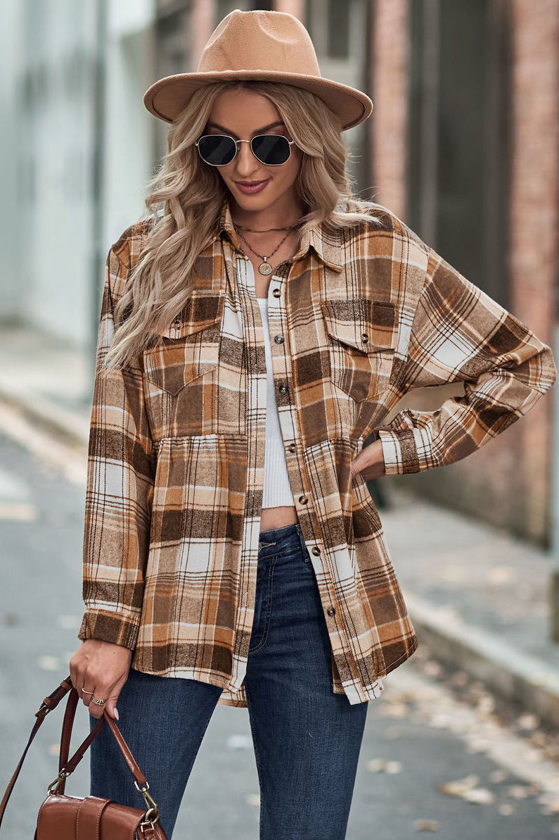 Lapel Long Sleeve Pocket Casual Plaid Shirt-AL9574