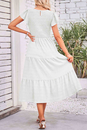 Flutter Short Sleeve Crew Neck Tiered Midi Dress-AL9395