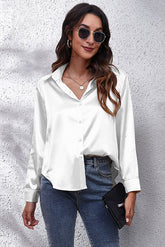 Solid Silk Button Blouse Tops Satin Shirt -AL9448