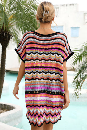 V Neck Wave-Hem Colorblock Crochet Cover-Up-AL9451