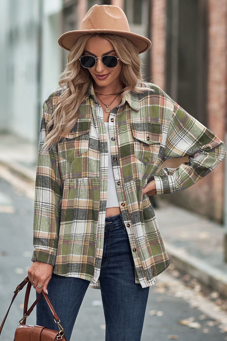 Lapel Long Sleeve Pocket Casual Plaid Shirt-AL9574