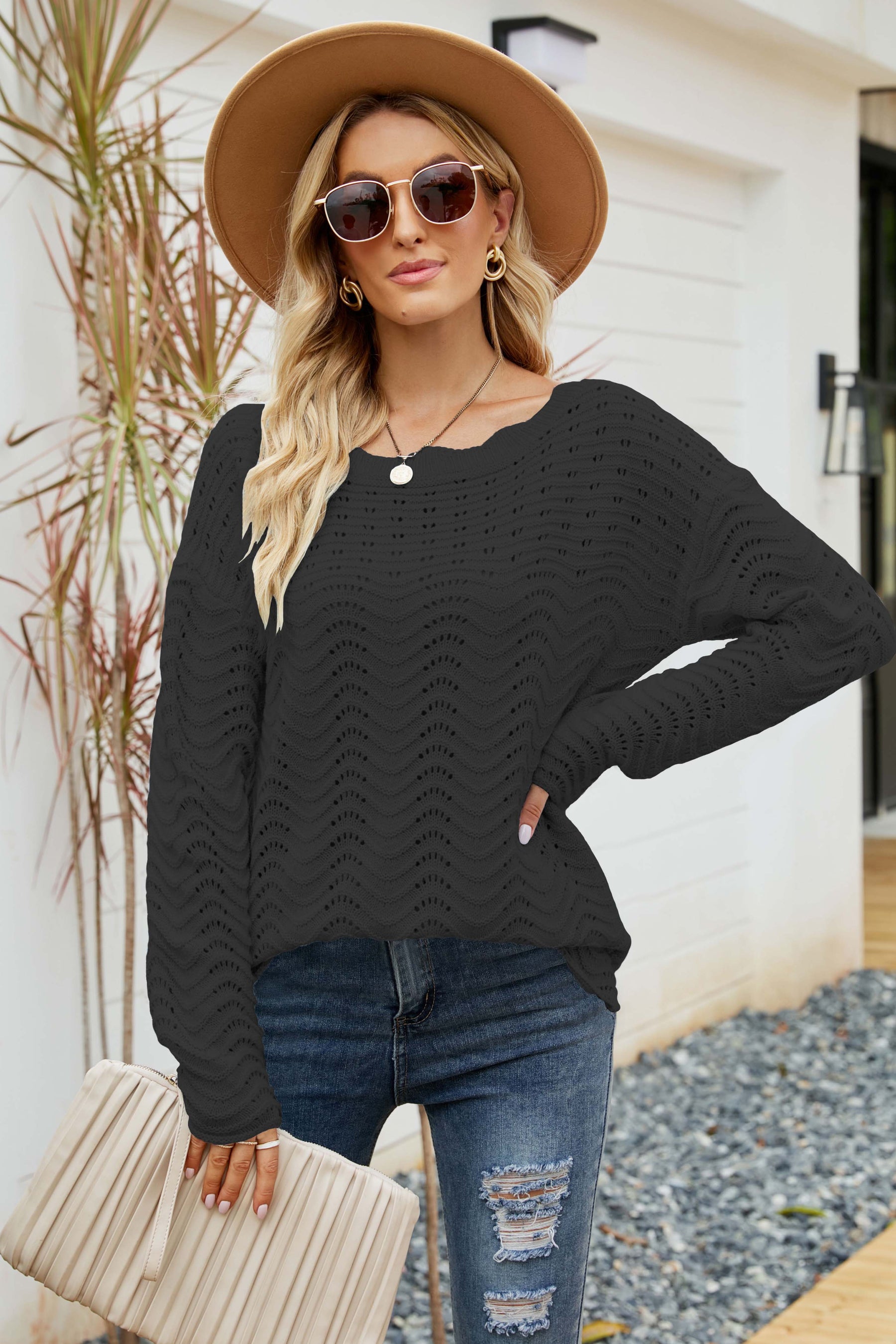 Cut Out Bateau Neck Long Sleeves Pullovers Sweater-AL9409