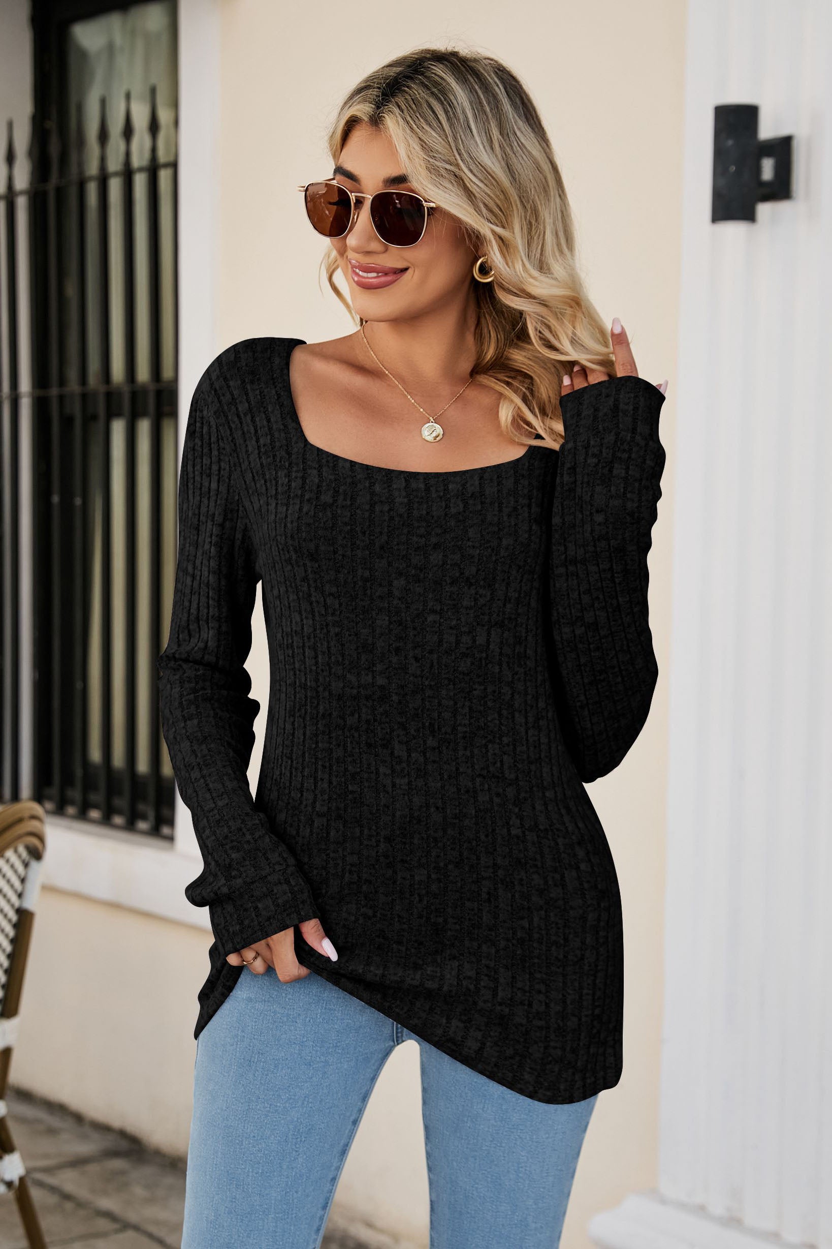 Women Long Sleeve Square Neck Ribbed Sweatshirts-AL9577