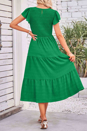 Flutter Short Sleeve Crew Neck Tiered Midi Dress-AL9395