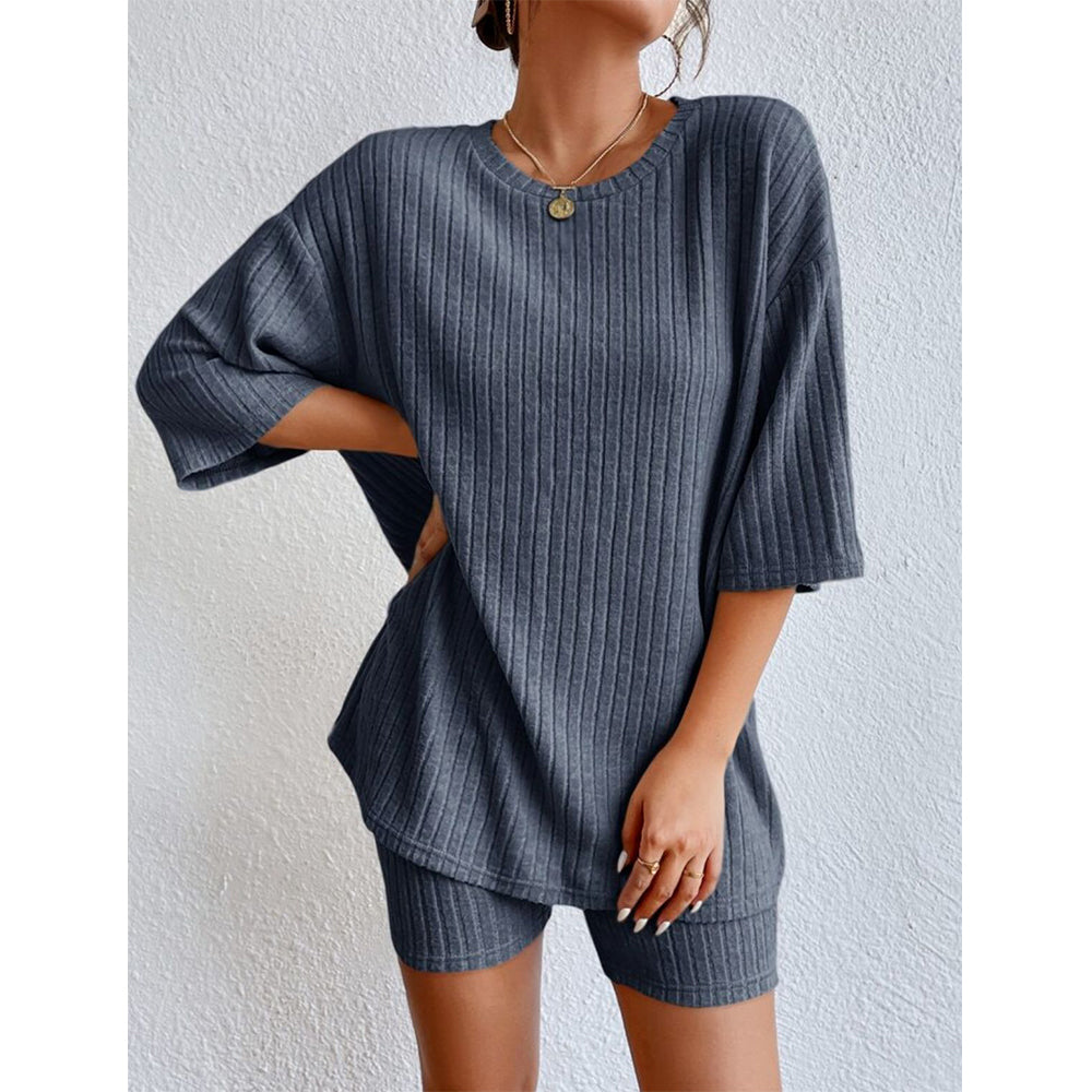 V For City Women's Oversized Ribbed Knit Loungewear Set with Half-Sleeved Top & Shorts Set Pajama Set