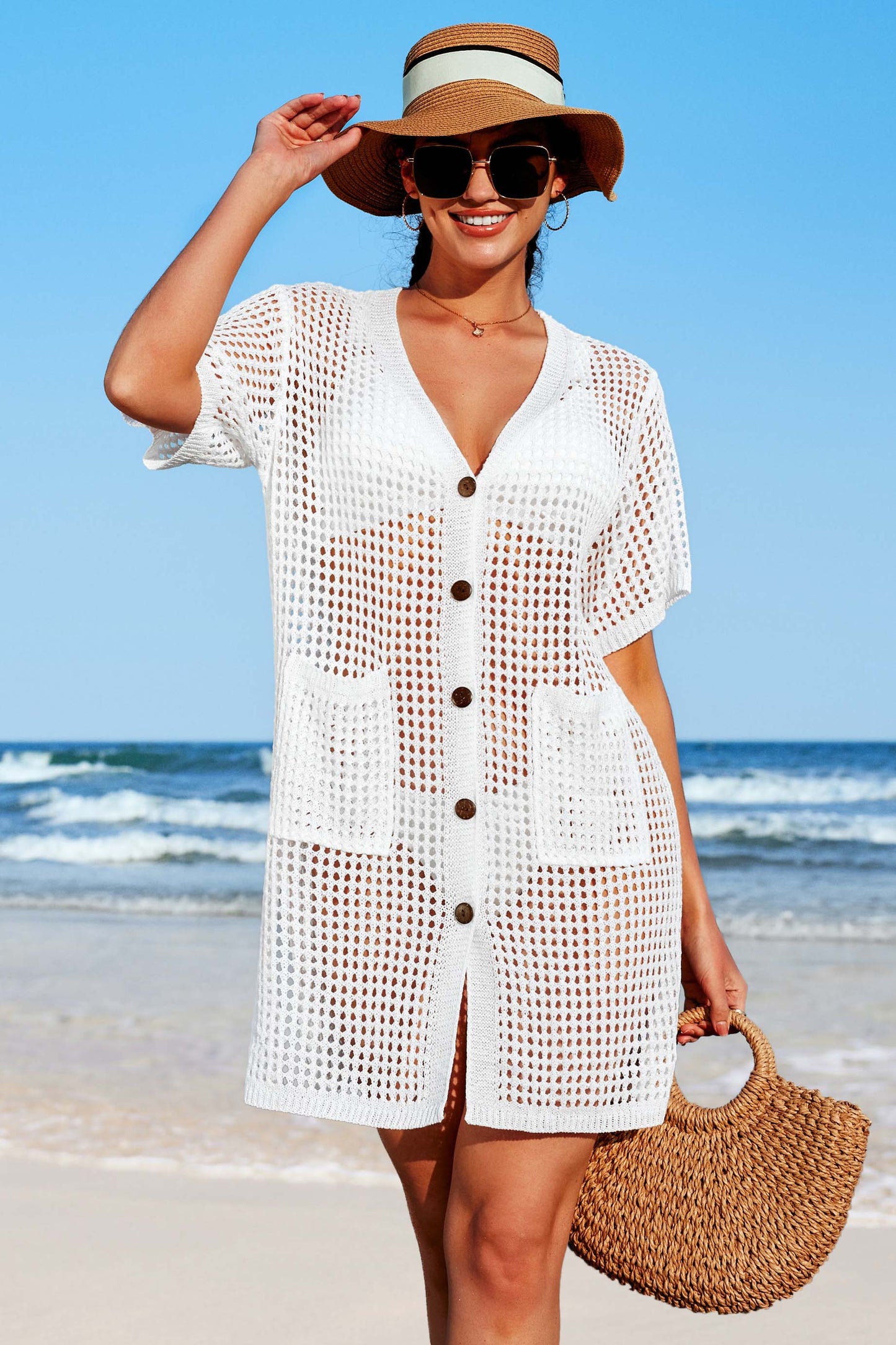 Crochet Hollow Our V Neck Short Sleeve Cover Ups - 90563