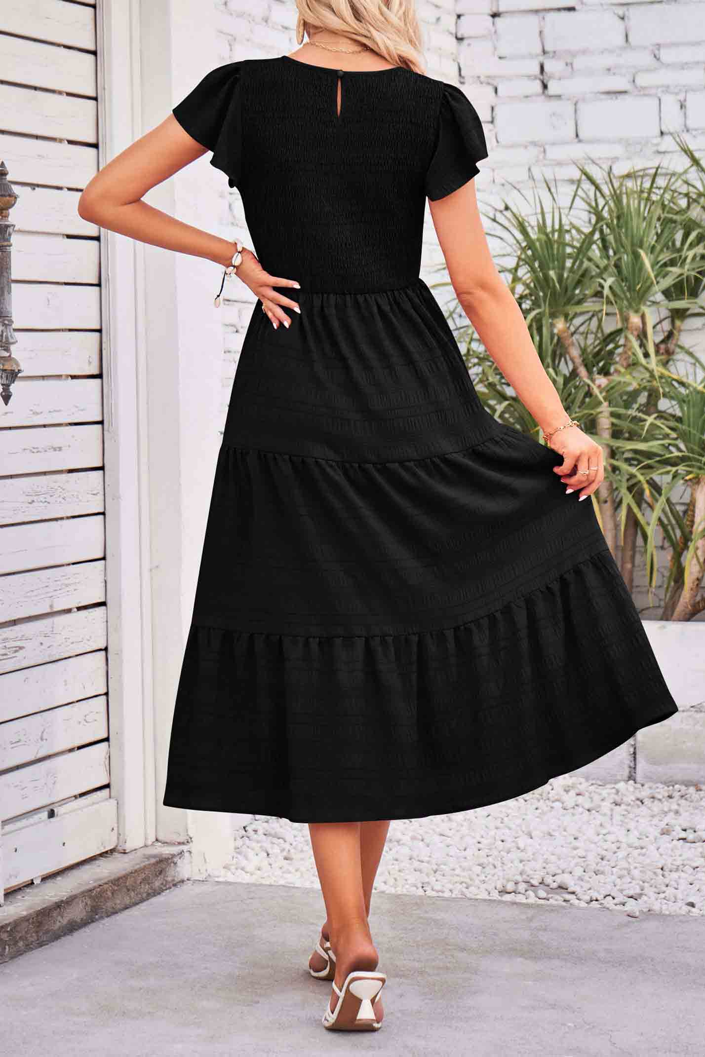 Flutter Short Sleeve Crew Neck Tiered Midi Dress-AL9395