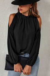 Ruffled Round Neck Long Sleeve Cold Shoulder Top