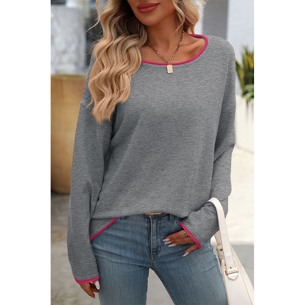 V For City Women's Contrast Trim Long Sleeve Crewneck Sweater Pollover Tops