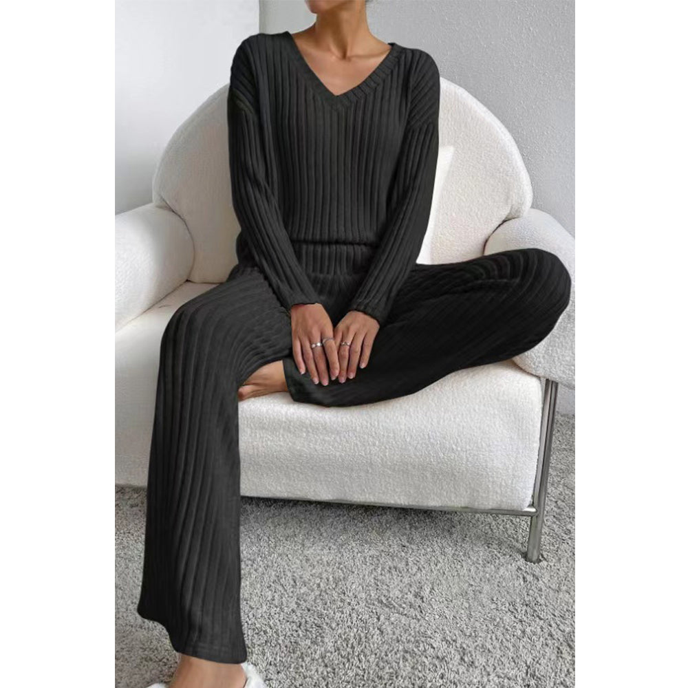V For City Women's Fall/Winter Ribbed Knit Loungewear Set Loose V-Neck Top & Straight-Leg Pants Pajama Set