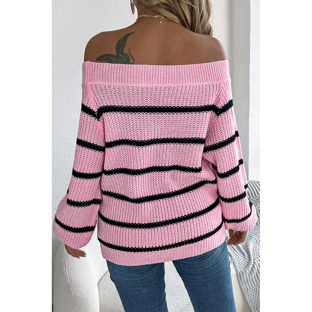 V For City Women's 2025 Autumn Winter Casual Striped Off-Shoulder Lantern Sleeve Pullover Sweater
